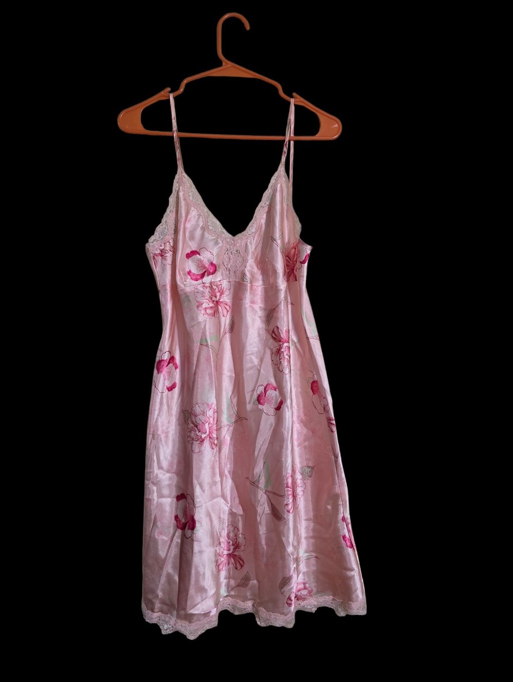 Vintage | Pink Floral Satin Lace-Trim Slip Dress